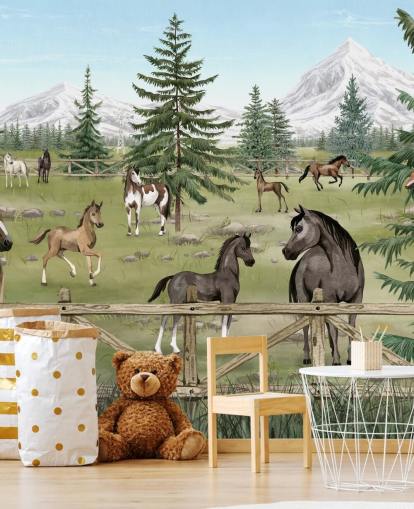 mural personalizado de caballos para niños llamado Horse Haven de la colección Oliver Robins