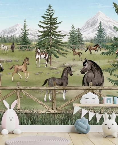 mural personalizado de caballos para niños llamado Horse Haven de la colección Oliver Robins
