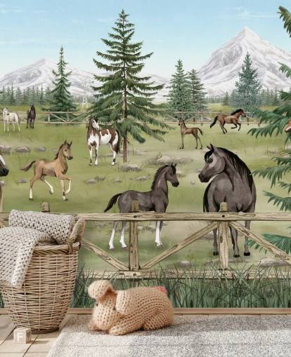 murale personalizzato con cavalli per bambini chiamato Horse Haven della collezione Oliver Robins murale personalizzato con cavalli per bambini chiamato Horse Haven della collezione Oliver Robins