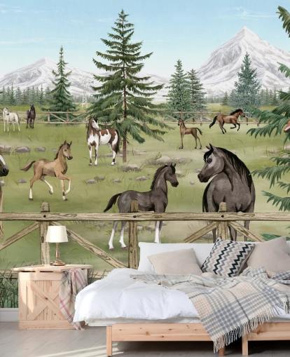 mural personalizado de caballos para niños llamado Horse Haven de la colección Oliver Robins