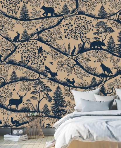 customizable animal mural called Nordic Nature Beige Blue from the Oliver Robins collection