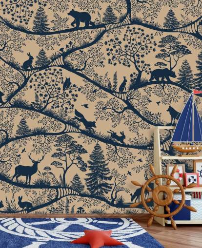 customisable animal mural called Nordic Nature Beige Blue from the Oliver Robins collection