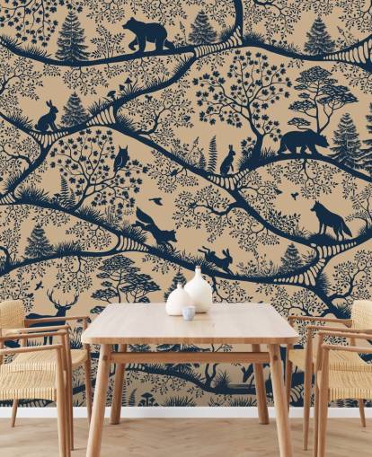 mural de animales personalizable llamado Nordic Nature Beige Blue de la colección Oliver Robins