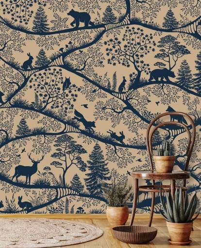 customizable animal mural called Nordic Nature Beige Blue from the Oliver Robins collection