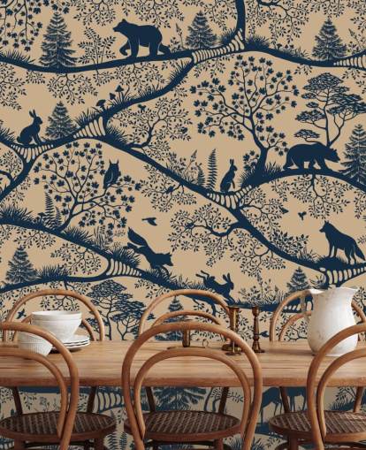 customisable animal mural called Nordic Nature Beige Blue from the Oliver Robins collection