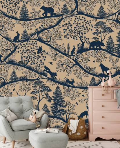 customisable animal mural called Nordic Nature Beige Blue from the Oliver Robins collection