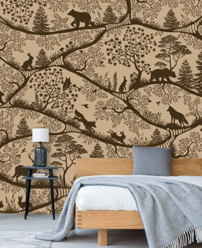 bruine bosmuurschildering voor kinderen genaamd Nordic Nature Beige Brown uit de Oliver Robins-collectie bruine bosmuurschildering voor kinderen genaamd Nordic Nature Beige Brown uit de Oliver Robins-collectie