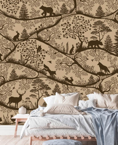 bruine bosmuurschildering voor kinderen genaamd Nordic Nature Beige Brown uit de Oliver Robins-collectie bruine bosmuurschildering voor kinderen genaamd Nordic Nature Beige Brown uit de Oliver Robins-collectie