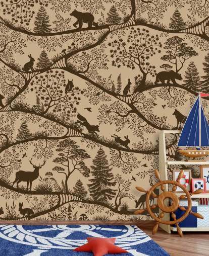 mural marrón de bosque para niños llamado Nordic Nature Beige Brown de la colección Oliver Robins
