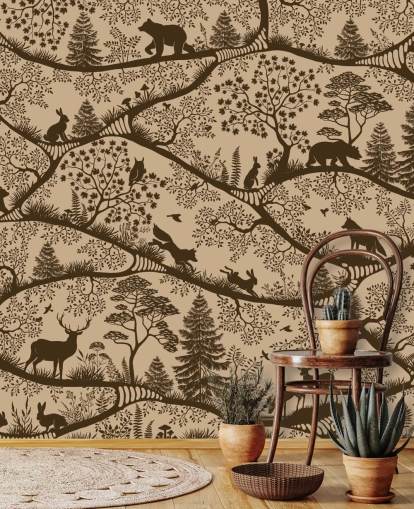 brun barnskogsväggmålning som heter Nordic Nature Beige Brown från Oliver Robins-kollektionen