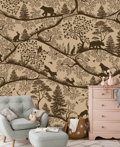 brunt børneskovmaleri kaldet Nordic Nature Beige Brown fra Oliver Robins-kollektionen brunt børneskovmaleri kaldet Nordic Nature Beige Brown fra Oliver Robins-kollektionen
