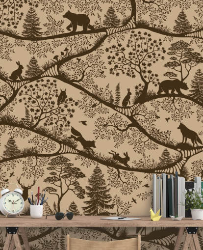 bruine bosmuurschildering voor kinderen genaamd Nordic Nature Beige Brown uit de Oliver Robins-collectie bruine bosmuurschildering voor kinderen genaamd Nordic Nature Beige Brown uit de Oliver Robins-collectie