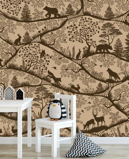 bruine bosmuurschildering voor kinderen genaamd Nordic Nature Beige Brown uit de Oliver Robins-collectie bruine bosmuurschildering voor kinderen genaamd Nordic Nature Beige Brown uit de Oliver Robins-collectie