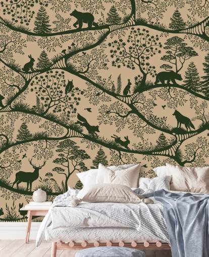 beige and green forest mural for kids called Nordic Nature Beige Green