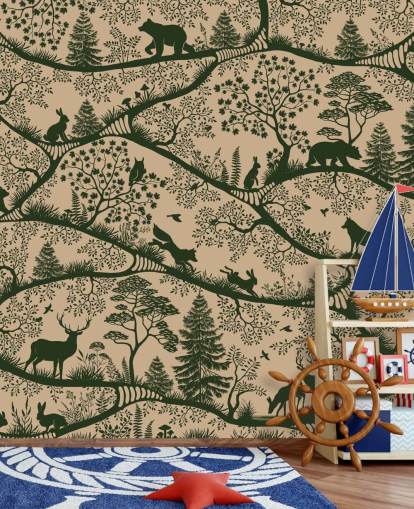 mural de bosque beige y verde para niños llamado Nordic Nature Beige Green