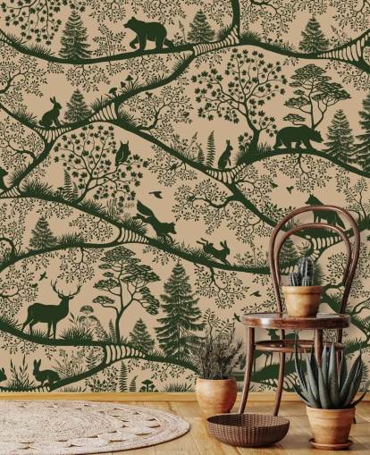 beige en groene bosmuurschildering voor kinderen genaamd Nordic Nature Beige Green beige en groene bosmuurschildering voor kinderen genaamd Nordic Nature Beige Green