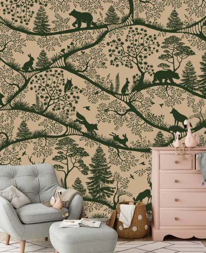 mural florestal bege e verde para crianças chamado Nordic Nature Beige Green