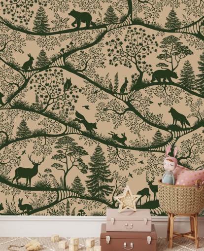 beige og grønt skogveggmaleri for barn kalt Nordic Nature Beige Green beige og grønt skogveggmaleri for barn kalt Nordic Nature Beige Green