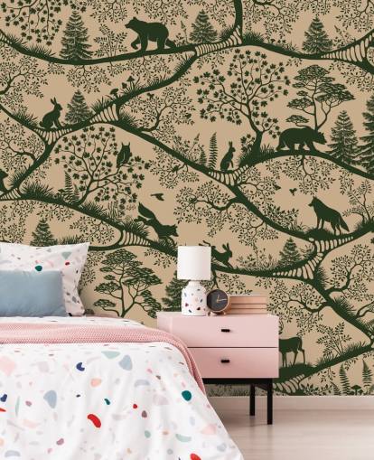 beiges und grünes Wald-Wandbild für Kinder namens Nordic Nature Beige Green