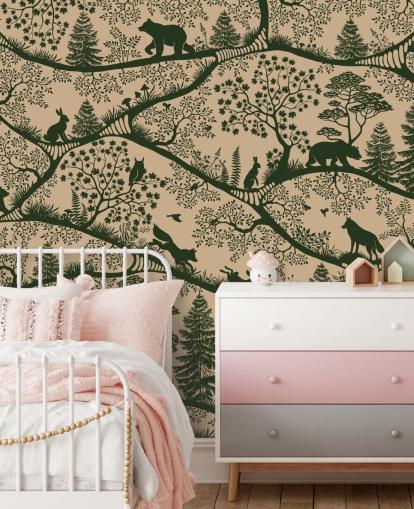 beige and green forest mural for kids called Nordic Nature Beige Green