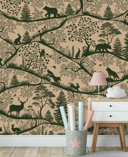 beiges und grünes Wald-Wandbild für Kinder namens Nordic Nature Beige Green