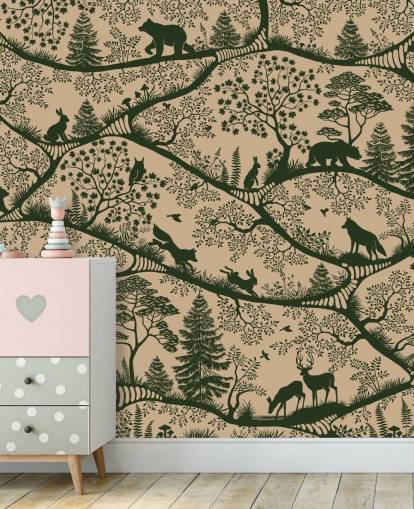 beige och grön skogsväggmålning för barn som heter Nordic Nature Beige Green beige och grön skogsväggmålning för barn som heter Nordic Nature Beige Green