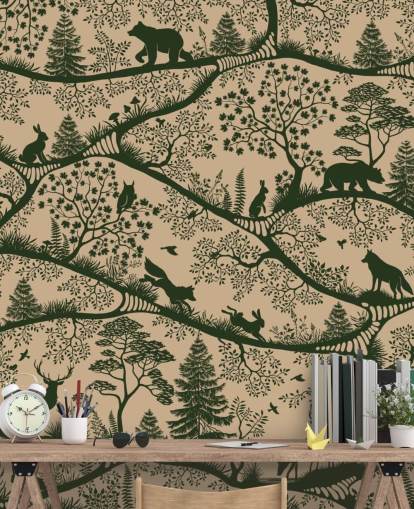 beiges und grünes Wald-Wandbild für Kinder namens Nordic Nature Beige Green