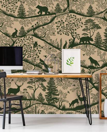 mural de bosque beige y verde para niños llamado Nordic Nature Beige Green