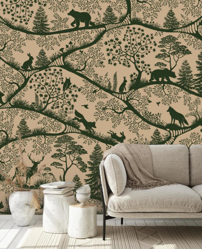 beige en groene bosmuurschildering voor kinderen genaamd Nordic Nature Beige Green beige en groene bosmuurschildering voor kinderen genaamd Nordic Nature Beige Green