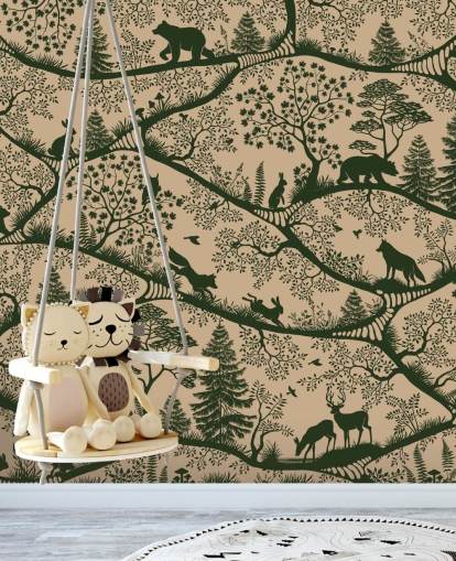 beige og grønt skovmaleri til børn kaldet Nordic Nature Beige Green beige og grønt skovmaleri til børn kaldet Nordic Nature Beige Green