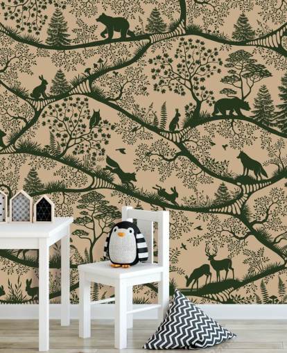 beiges und grünes Wald-Wandbild für Kinder namens Nordic Nature Beige Green