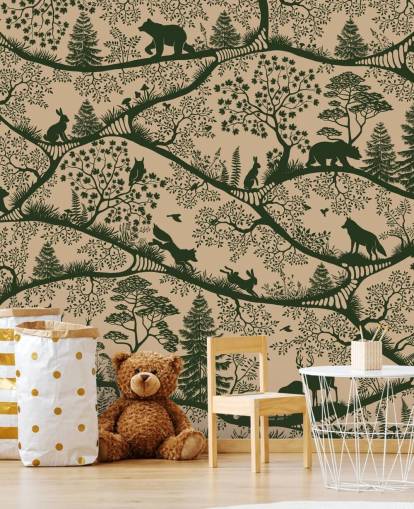 murale forestale beige e verde per bambini chiamato Nordic Nature Beige Green