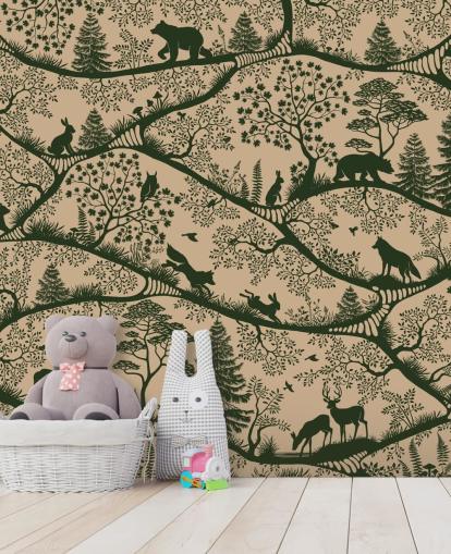 mural de bosque beige y verde para niños llamado Nordic Nature Beige Green