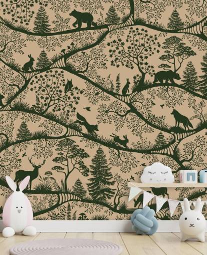 beiges und grünes Wald-Wandbild für Kinder namens Nordic Nature Beige Green beiges und grünes Wald-Wandbild für Kinder namens Nordic Nature Beige Green