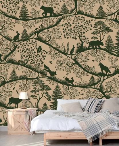beige and green forest mural for kids called Nordic Nature Beige Green