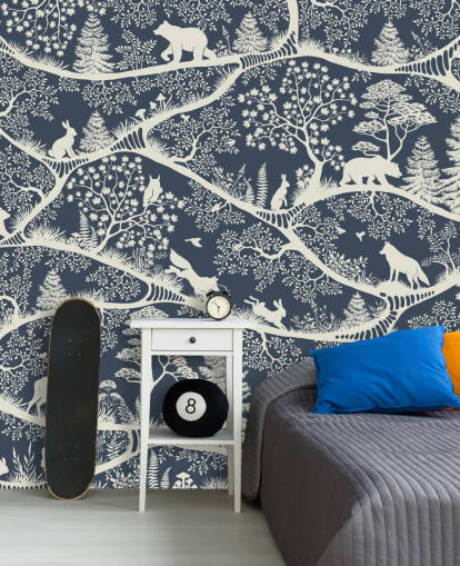 blue and white woodland mural called Nordic Nature Blue White from the Oliver Robins range