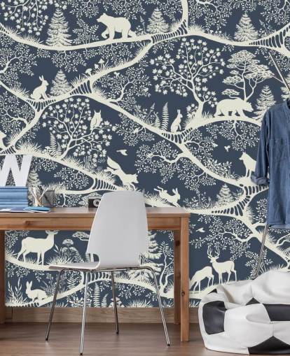 blue and white woodland mural called Nordic Nature Blue White from the Oliver Robins range