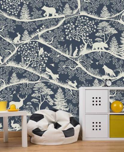 blue and white woodland mural called Nordic Nature Blue White from the Oliver Robins range blue and white woodland mural called Nordic Nature Blue White from the Oliver Robins range