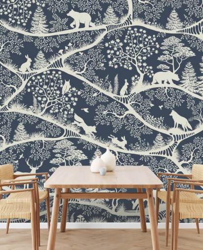 blue and white woodland mural called Nordic Nature Blue White from the Oliver Robins range