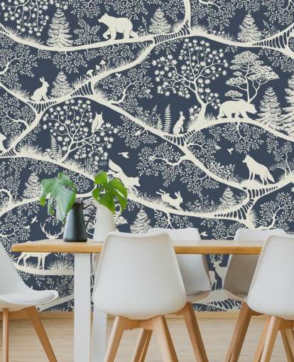 blue and white woodland mural called Nordic Nature Blue White from the Oliver Robins range blue and white woodland mural called Nordic Nature Blue White from the Oliver Robins range