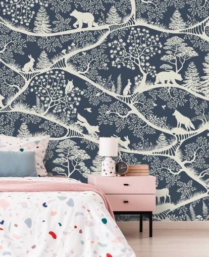 blue and white woodland mural called Nordic Nature Blue White from the Oliver Robins range
