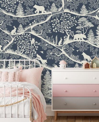 mural de bosque azul y blanco llamado Nordic Nature Blue White de la gama Oliver Robins