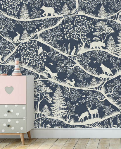 mural de bosque azul y blanco llamado Nordic Nature Blue White de la gama Oliver Robins