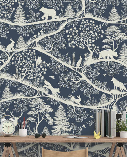 blauw-witte bosmuurschildering genaamd Nordic Nature Blue White uit het Oliver Robins-assortiment