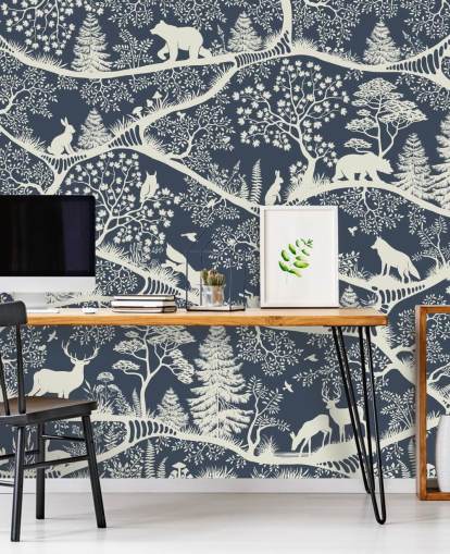 mural de bosque azul y blanco llamado Nordic Nature Blue White de la gama Oliver Robins