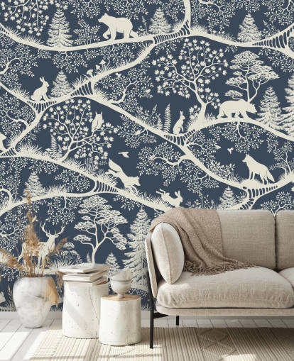 mural de bosque azul y blanco llamado Nordic Nature Blue White de la gama Oliver Robins
