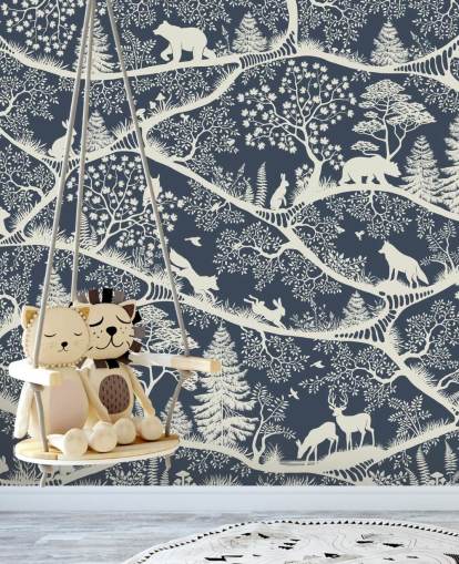 mural de bosque azul y blanco llamado Nordic Nature Blue White de la gama Oliver Robins