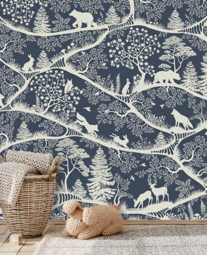 murale boschivo blu e bianco chiamato Nordic Nature Blue White della gamma Oliver Robins