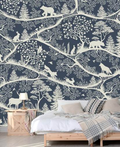 blue and white woodland mural called Nordic Nature Blue White from the Oliver Robins range