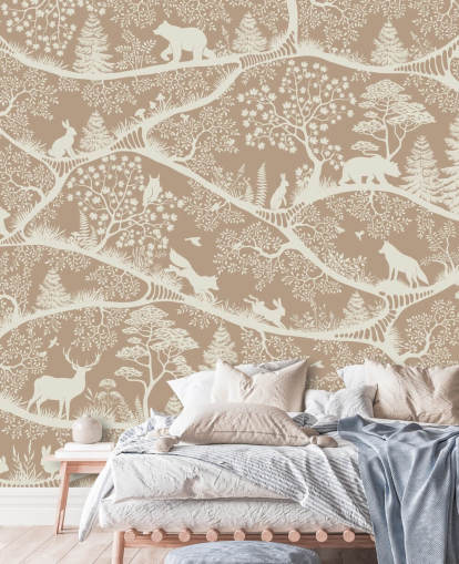 brown custom forest animals mural called Nordic Nature Brown White from the Oliver Robins collection